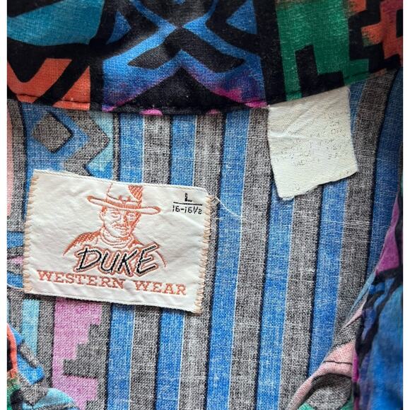 Vintage Duke Western Wear Aztec Southwestern Deco Shirt Size L Cowboy Retro 90s - Picture 4 of 6